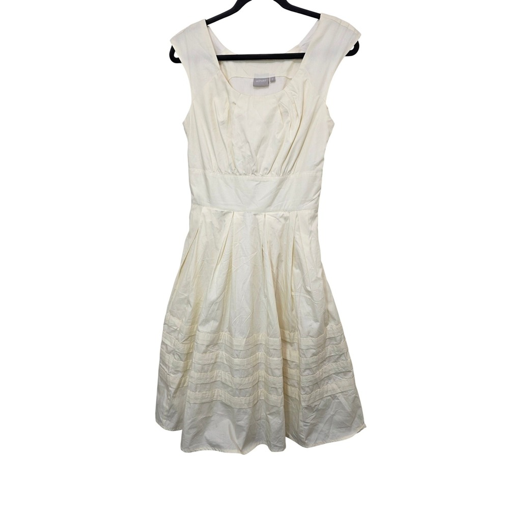 eShakti Fit and Flare Dress Womens Size 8 Cream Sleeveless Pleated Formal Preppy